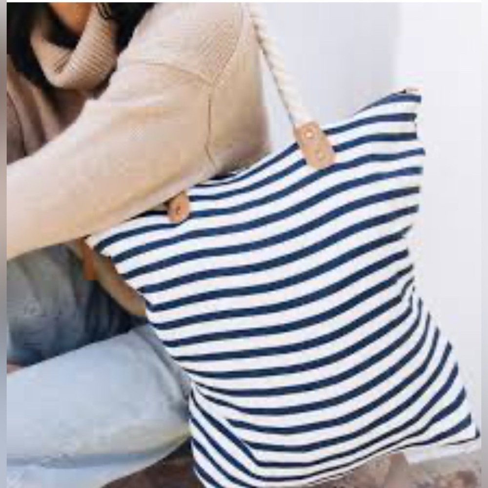Summer & Rose Black and Cream Tote Bag with Nautical Stripes